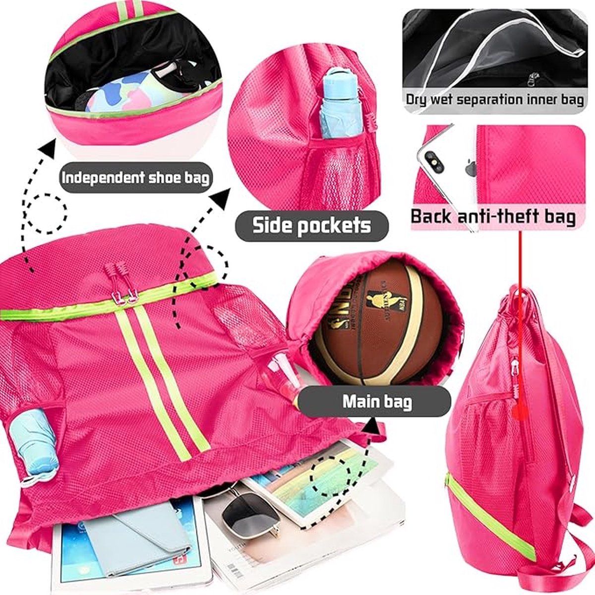 Backpack - School Bag - Sports Backpack - Sports Backpack - Unisex - Practical & Stylish - With Drawstring - Adjustable - With Ball Pocket Bottom Pocket - Waterproof