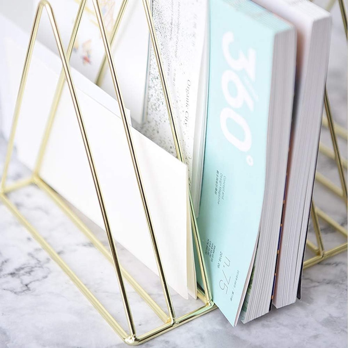 Magazine Rack - Record Rack - Mail Organizer - Steel Triangle Mail and Book Rack - Newspaper Holder - Mail Organizer - Reading Tray - Magazine Holder - Newspaper Rack - Magazine Bin - Freestanding - Storage for Mail, Magazines, and Books - Gold - Metal