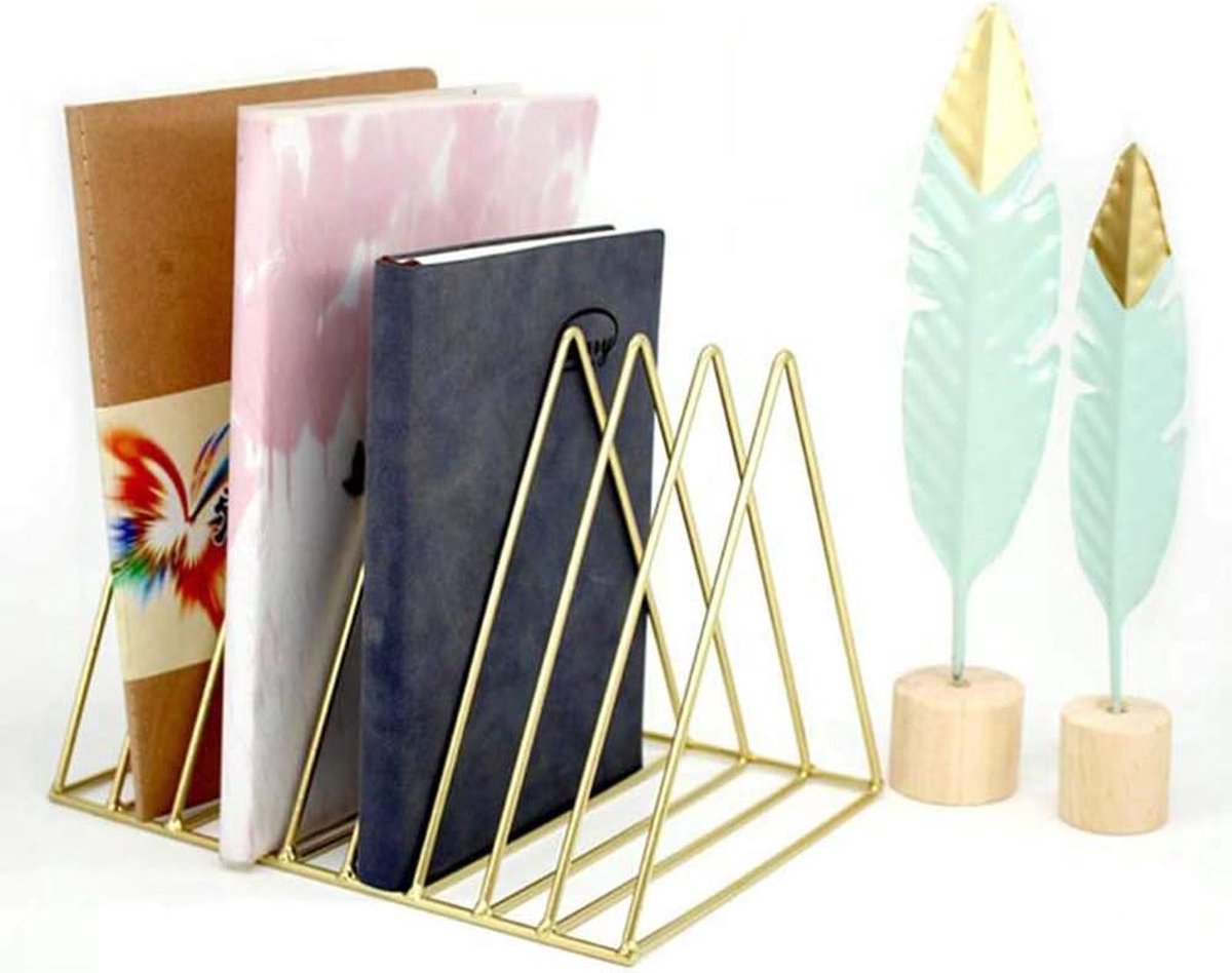 Magazine Rack - Record Rack - Mail Organizer - Steel Triangle Mail and Book Rack - Newspaper Holder - Mail Organizer - Reading Tray - Magazine Holder - Newspaper Rack - Magazine Bin - Freestanding - Storage for Mail, Magazines, and Books - Gold - Metal
