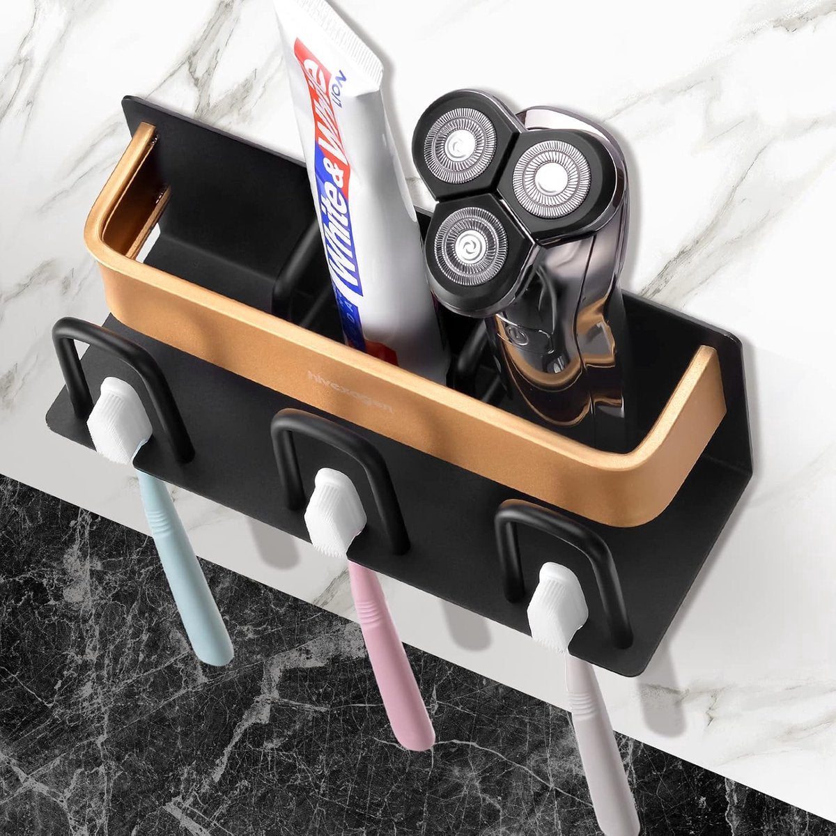 Toothbrush Holder - Toothbrush Case - 3 Sorting Compartments - Electric Toothbrush Case - Razor Holder - Wall Mounted - Stainless Steel - Toothbrush Organizer - Self-Adhesive - Bathroom Accessories - No Drilling Required - Keep Tidy