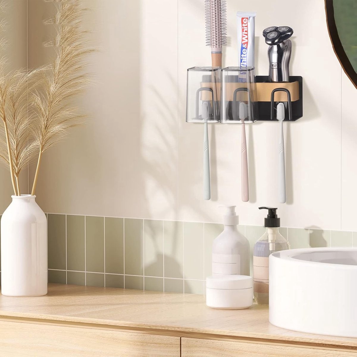 Toothbrush Holder - Toothbrush Case - 3 Sorting Compartments - Electric Toothbrush Case - Razor Holder - Wall Mounted - Stainless Steel - Toothbrush Organizer - Self-Adhesive - Bathroom Accessories - No Drilling Required - Keep Tidy