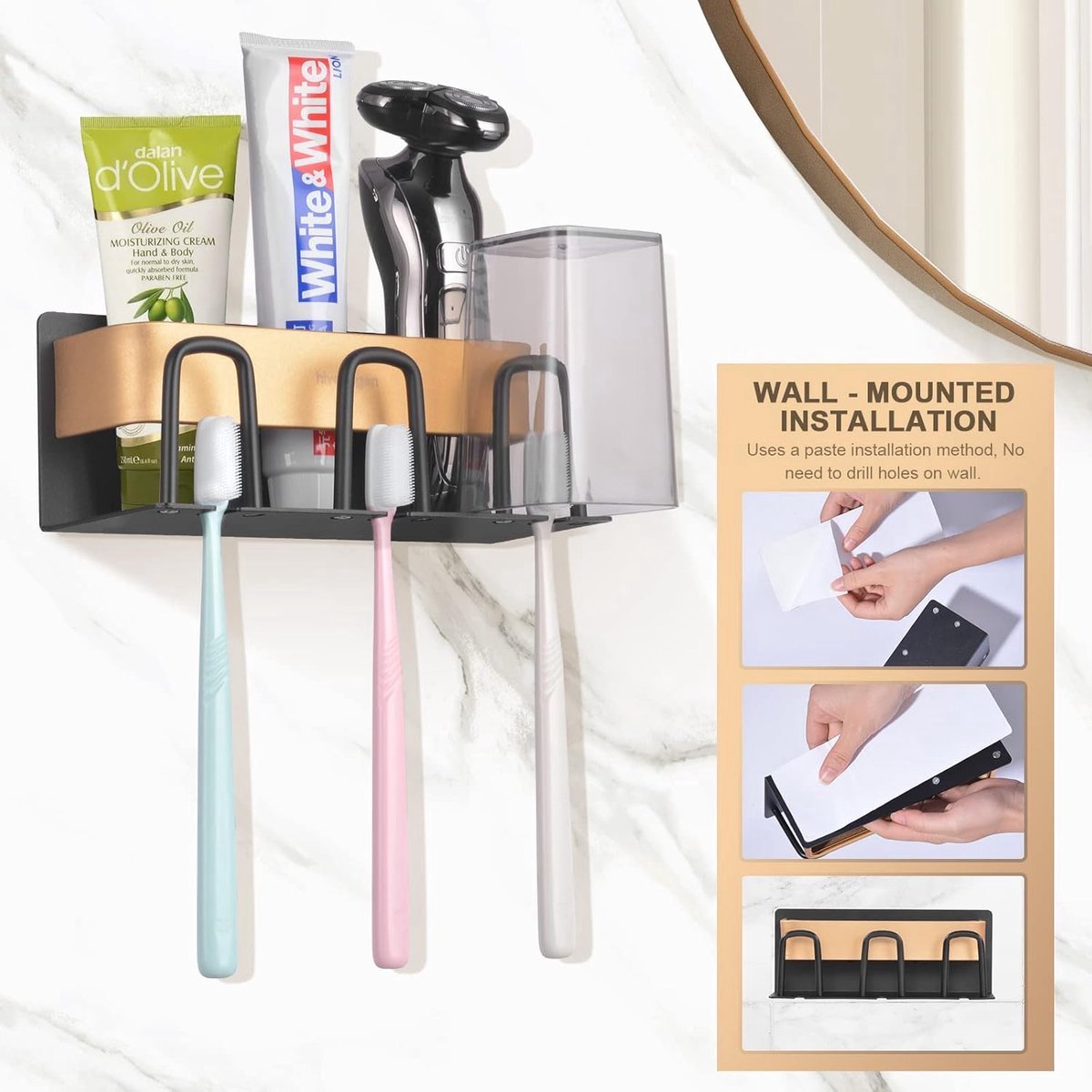 Toothbrush Holder - Toothbrush Case - 3 Sorting Compartments - Electric Toothbrush Case - Razor Holder - Wall Mounted - Stainless Steel - Toothbrush Organizer - Self-Adhesive - Bathroom Accessories - No Drilling Required - Keep Tidy
