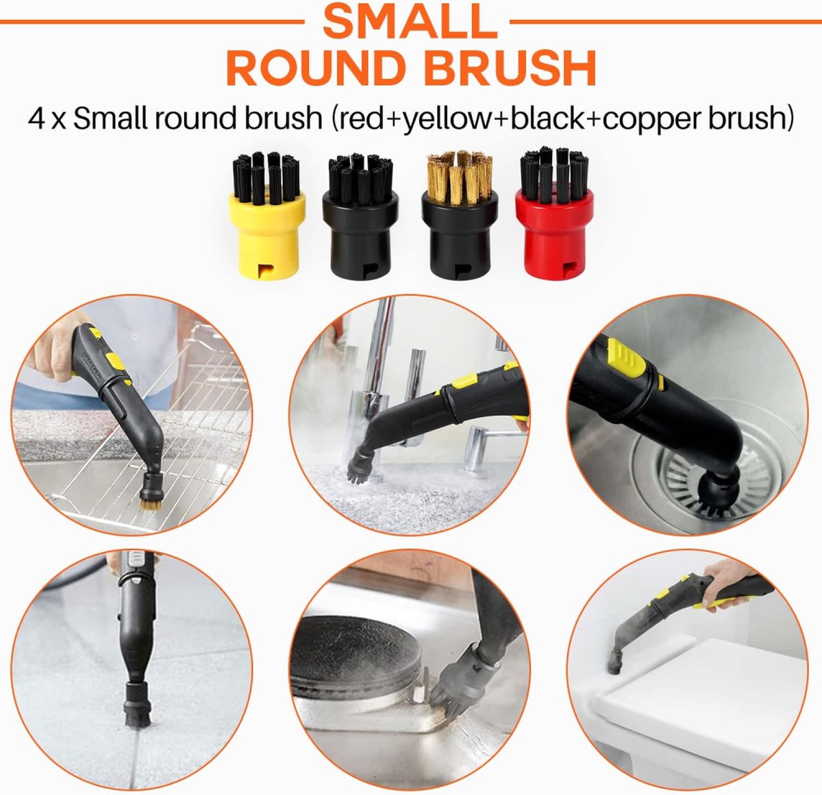 Brush Set for Steam Cleaner - 4 Pieces - Round Brush Set - Suitable for Kärcher SC1, SC2, SC3, SC4, SC5, SC7, CTK10 - Steam Cleaner Brushes - Steam Cleaning Brushes - Powerful Stain Removal - Hard-to-Reach Places