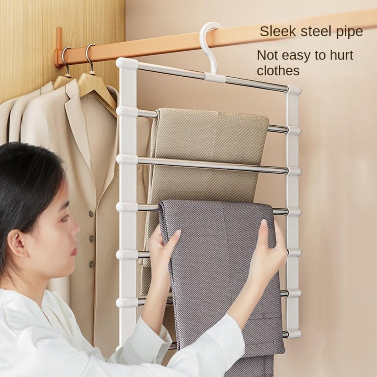 6-in-1 Trouser Hanger - Clothes Hanger - Space-Saving - Hang Up to 6 Trousers - Multiple Trousers - For Women and Men - For Trousers, Scarves, Jeans, Clothing, Towels, Skirts - 50.5x35.5 Cm - White - 1 Piece