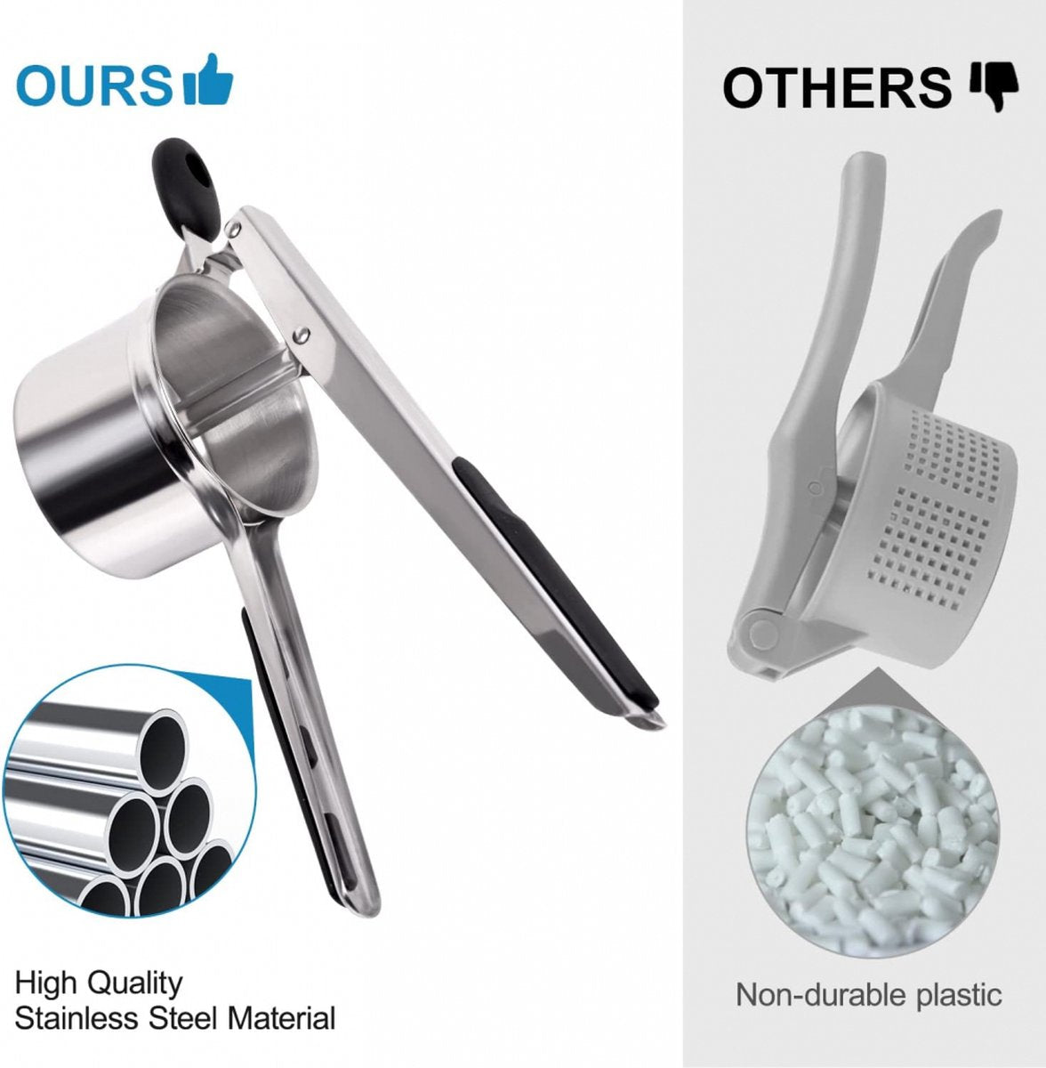 Stainless Steel Potato Press - Potato Squeezer - Potato Masher - Includes 3 Different Texture Discs - Can Be Hanged - Making Potato Puree - Puree - Dishwasher Safe - Gift