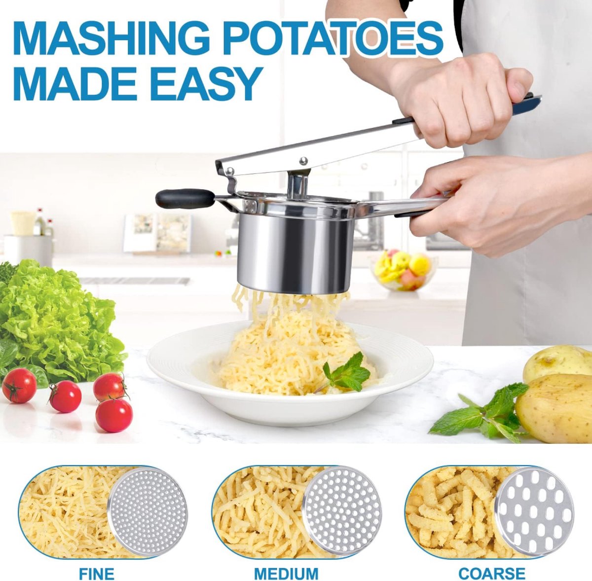 Stainless Steel Potato Press - Potato Squeezer - Potato Masher - Includes 3 Different Texture Discs - Can Be Hanged - Making Potato Puree - Puree - Dishwasher Safe - Gift