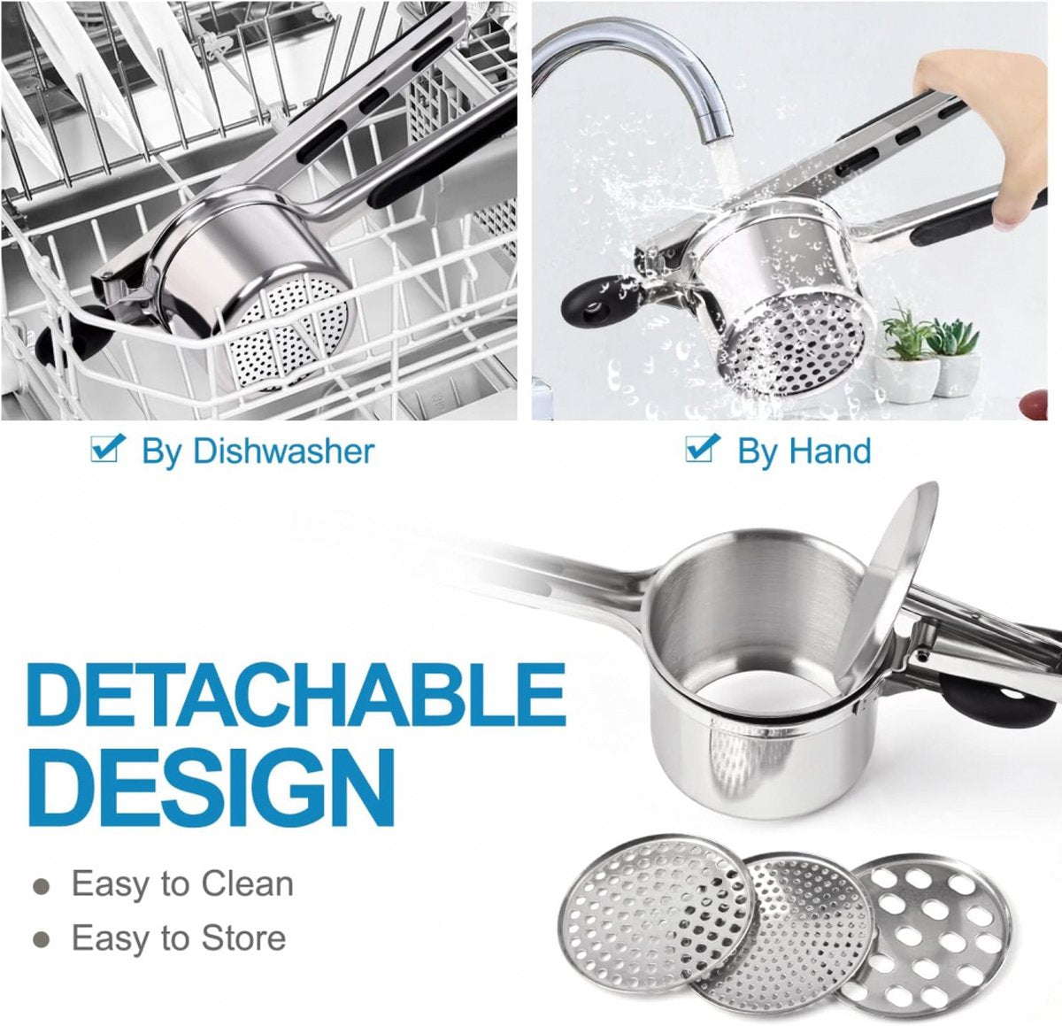 Stainless Steel Potato Press - Potato Squeezer - Potato Masher - Includes 3 Different Texture Discs - Can Be Hanged - Making Potato Puree - Puree - Dishwasher Safe - Gift