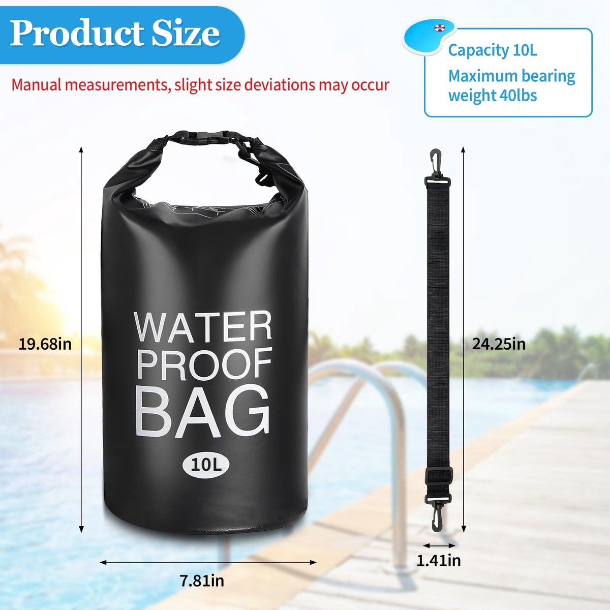 Drybag - 10 L - Professional Waterproof Bag - Storage Bag - Outdoor Bag - Outdoor Bag - Beach Bag - Waterproof Dry Bag with Shoulder Strap - Waterproof - High Quality - Black - Very suitable for Outdoor / Vacation / Travel / Swimming / Camping
