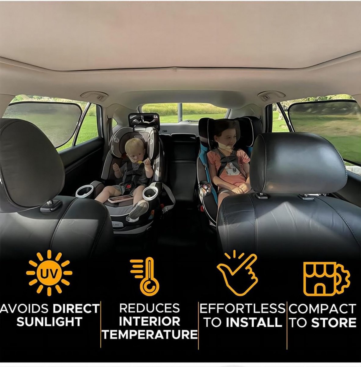 Car Sunshade - Car Sunshade Side Window - 1 Pair 50 x 30 Cm and 1 Pair 44 x 38 Cm - Baby Car Sunshade - Electrostatic Adsorption - Privacy Protection - Car Sun Protection - UV Protection - Side Window - Safe Driving - With Storage Bag - Black