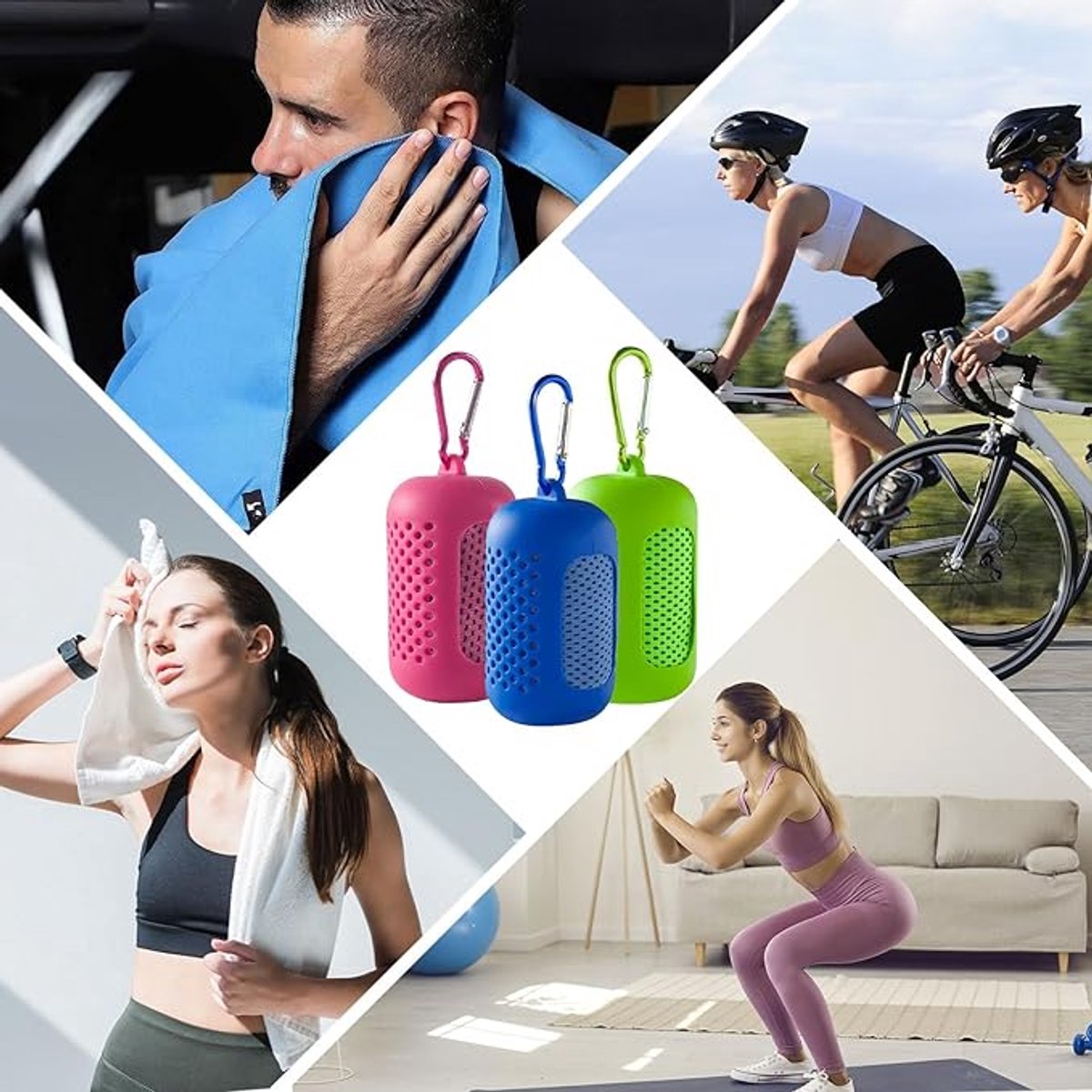 Three-pack cooling towels - Cooling microfiber - Polyester - Sports towel - Cooling towel - Fast-drying and sweat-wicking - Includes a portable silicone sleeve - Suitable for fitness, outdoor activities, and sports - Unisex