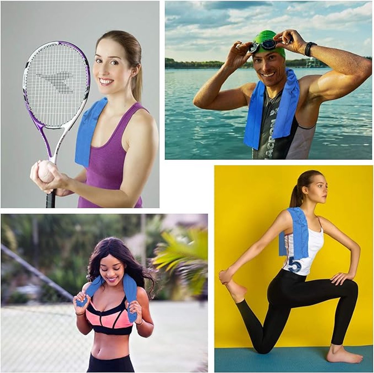 Three-pack cooling towels - Cooling microfiber - Polyester - Sports towel - Cooling towel - Fast-drying and sweat-wicking - Includes a portable silicone sleeve - Suitable for fitness, outdoor activities, and sports - Unisex