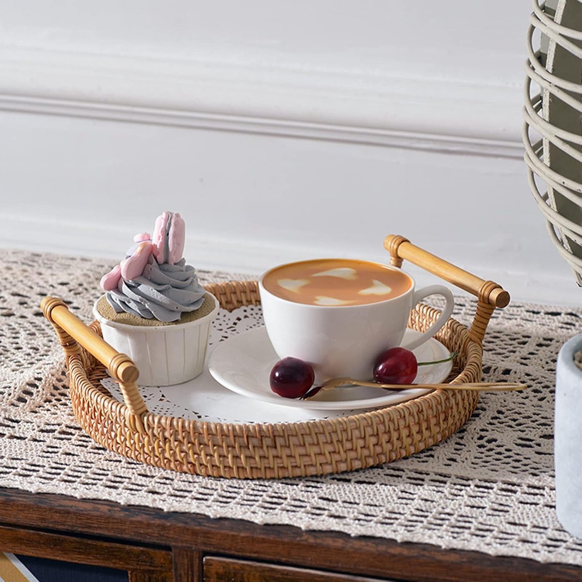 Fruit Basket - Set of 3 - Round Fruit Bowl - Bread Baskets - Storage Basket - With Handle - Rattan Basket - Handles - Decorative Trays - Serving Tray - Home Accessories - For Serving Dishes, Crackers, Pastries, Snacks