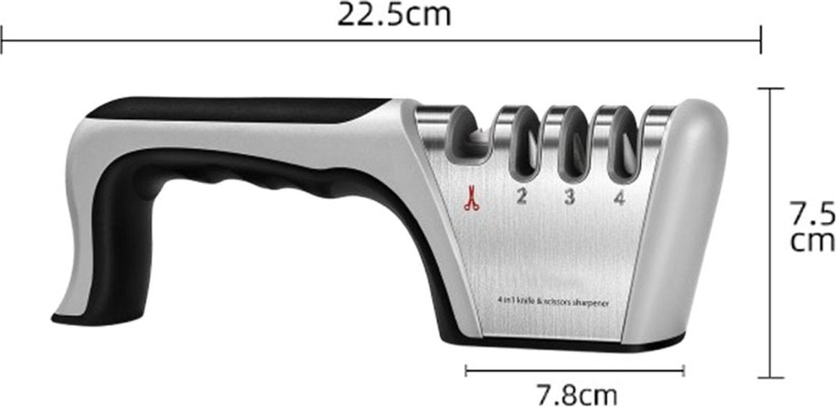 4-in-1 Knife Sharpener - Stainless Steel - Anti-Slip Knife Sharpener - Pull-through Sharpener - 4 Settings - With Anti-Slip Base - Sharpening Steel for Knives - Scissor Sharpener - Sharpening - For Polishing Knives, Scissors, and Other Knives