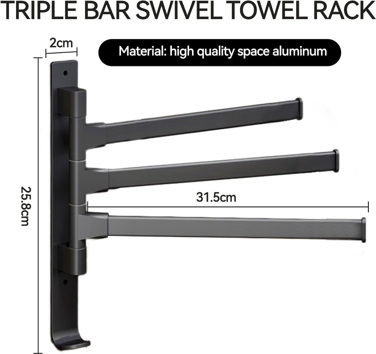 Towel Rack - 3-Arm Towel Holder - Towel Bar - Towel Rack - Towel Ladder - Towel Bar - 180 Degree Adjustable - For Bathroom/Kitchen - No Drilling Required - Self-Adhesive - Wall Drying Rack - Bathroom - Rotatable - Metal - Black