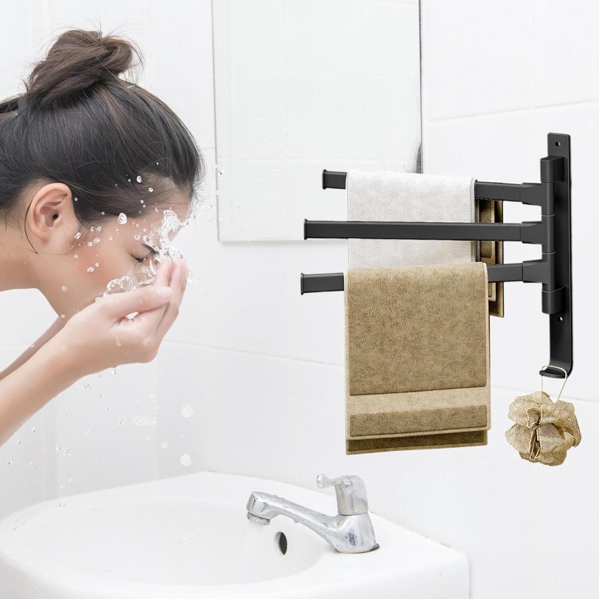 Towel Rack - 3-Arm Towel Holder - Towel Bar - Towel Rack - Towel Ladder - Towel Bar - 180 Degree Adjustable - For Bathroom/Kitchen - No Drilling Required - Self-Adhesive - Wall Drying Rack - Bathroom - Rotatable - Metal - Black