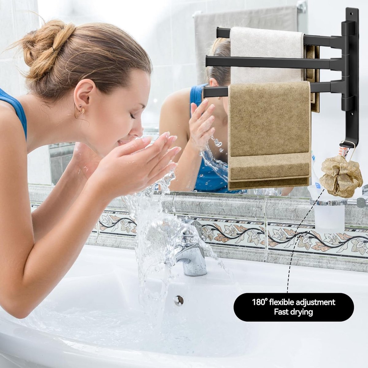 Towel Rack - 3-Arm Towel Holder - Towel Bar - Towel Rack - Towel Ladder - Towel Bar - 180 Degree Adjustable - For Bathroom/Kitchen - No Drilling Required - Self-Adhesive - Wall Drying Rack - Bathroom - Rotatable - Metal - Black
