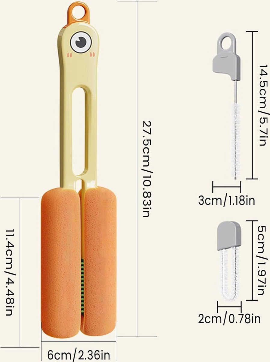 Bottle Brush - Bottle Cleaner - Cleaning Brush - Bottle Brush - Eco Bottle Brush - Bottle Cleaner - Bottle Cleaner - Bottle Cleaner - 4 in 1 Multifunctional - Suitable for All Surfaces - Easy to Use and Antibacterial - Orange