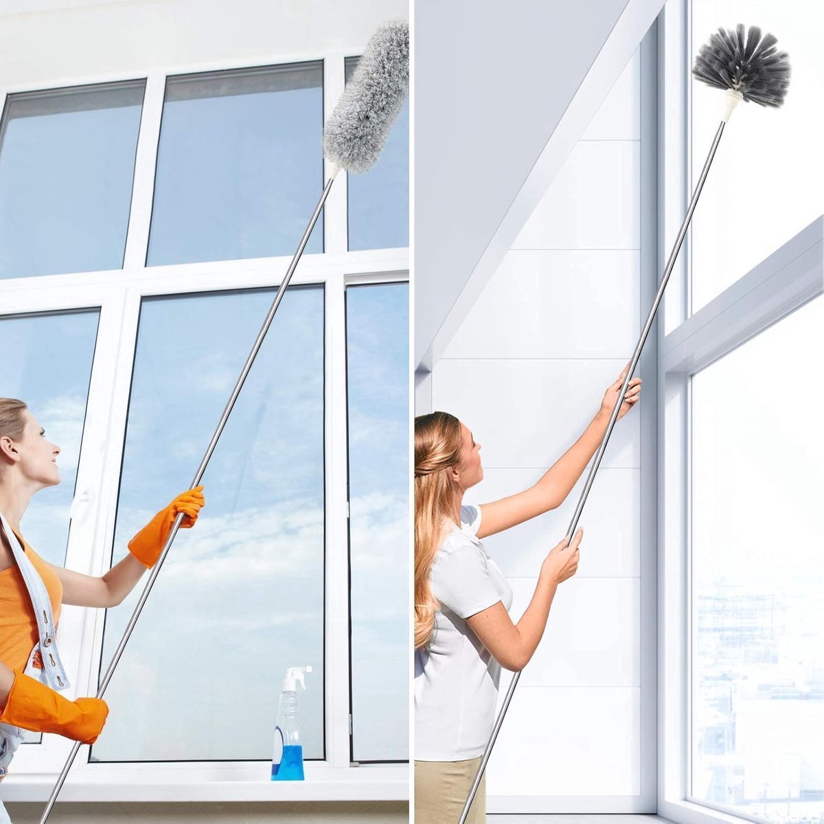 Telescopic Feather Duster Set - Feather Duster - Longest 250cm - Microfiber - Adjustable Telescopic Handle - 2 Bendable Brush Heads - Washable and Rotatable - Effective Dust Removal - Flexible & Practical - Handy for Home Cleaning