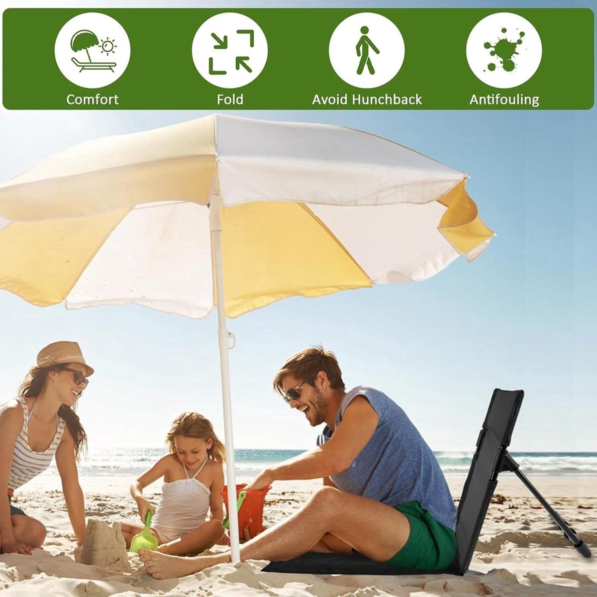 Beach Mat - Foldable Beach Chair - Camping Chair - Beach Mat with Backrest - Outdoor Camping Chair - Collapsible Beach Mat - Lightweight - Portable Sun Lounger - With Storage Bag - Soft Sponge Filling Cushion - Black