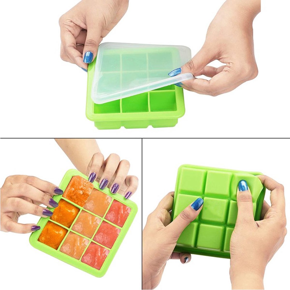 2x Ice Cube Tray With Lid - Silicone Ice Cube Tray - BPA Free - 2 x 9 Cells - 3.5cm Ice Cubes - Dishwasher Safe - Ice Cube Tray - Ice Cube Tray - Square - Green - Reusable - Easy to Push Out
