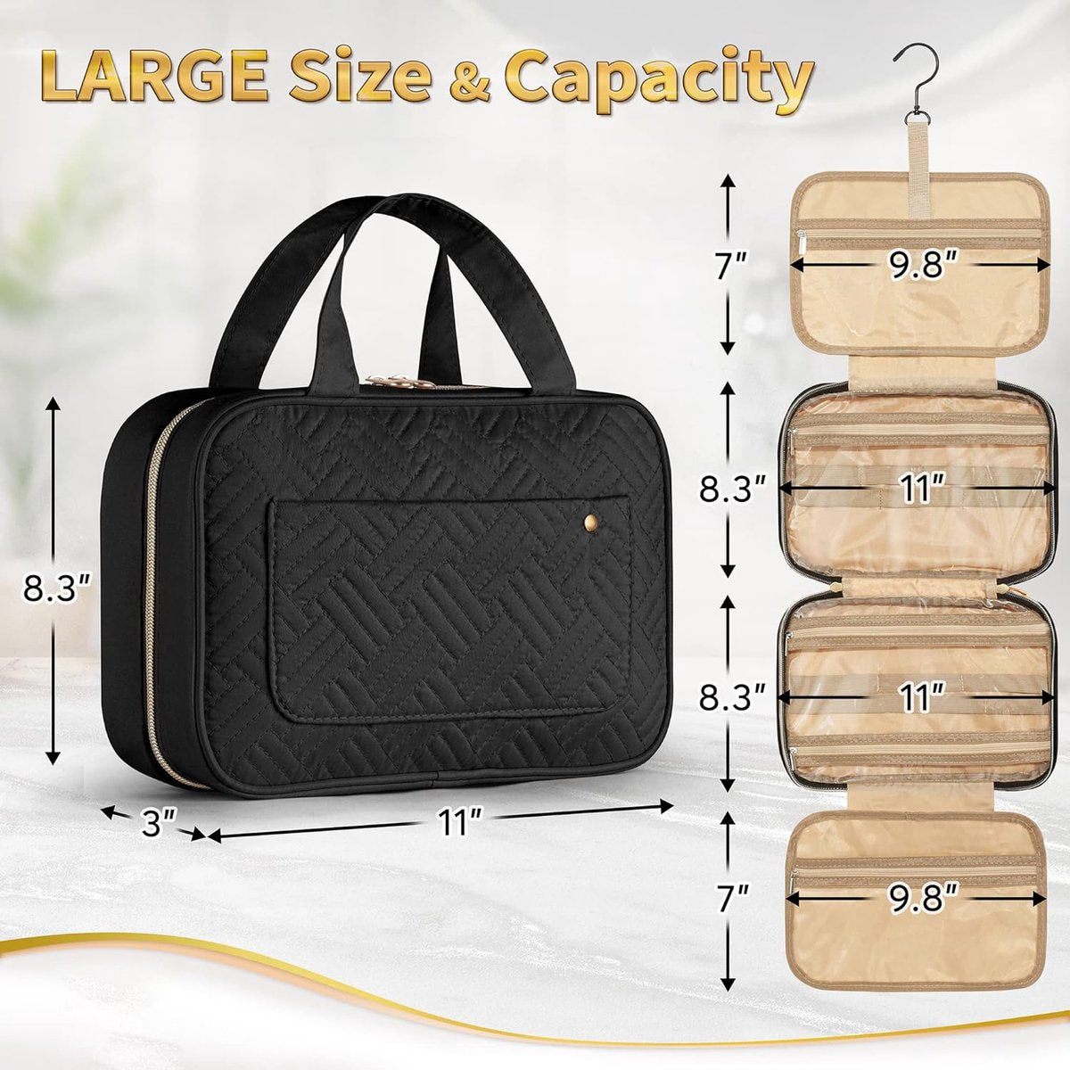 Toilet Bag With Hook - Hanging Toilet Bag - Women and Men - Waterproof - Makeup Bag - Women's Beauty Case - Toilet Bag - Toilet Sack - Outdoor Travel Toilet Bag - Travel Organizer Men & Women, Girls and Children - Black - Practical & Portable