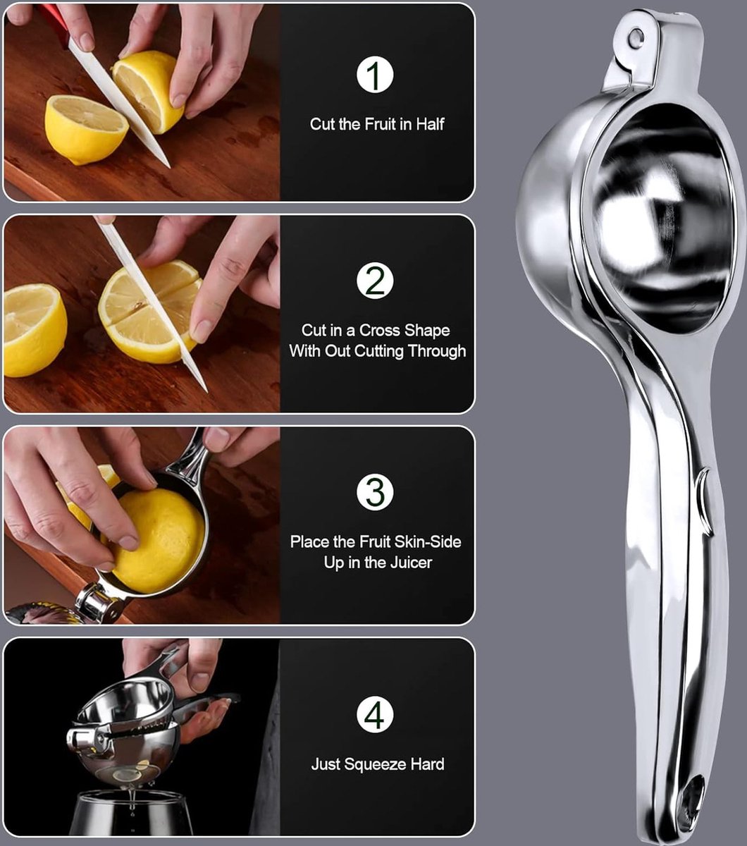 Lemon Press - Lime Press - Manual Lemon Press - Hand Citrus Press - Lemon Squeezer - Citrus Squeezer - Hand Press - Fruit Press - Orange Press - Orange Juicer - Metal - For Lemons, Limes and Oranges - Effortless Juice Making - Silver
