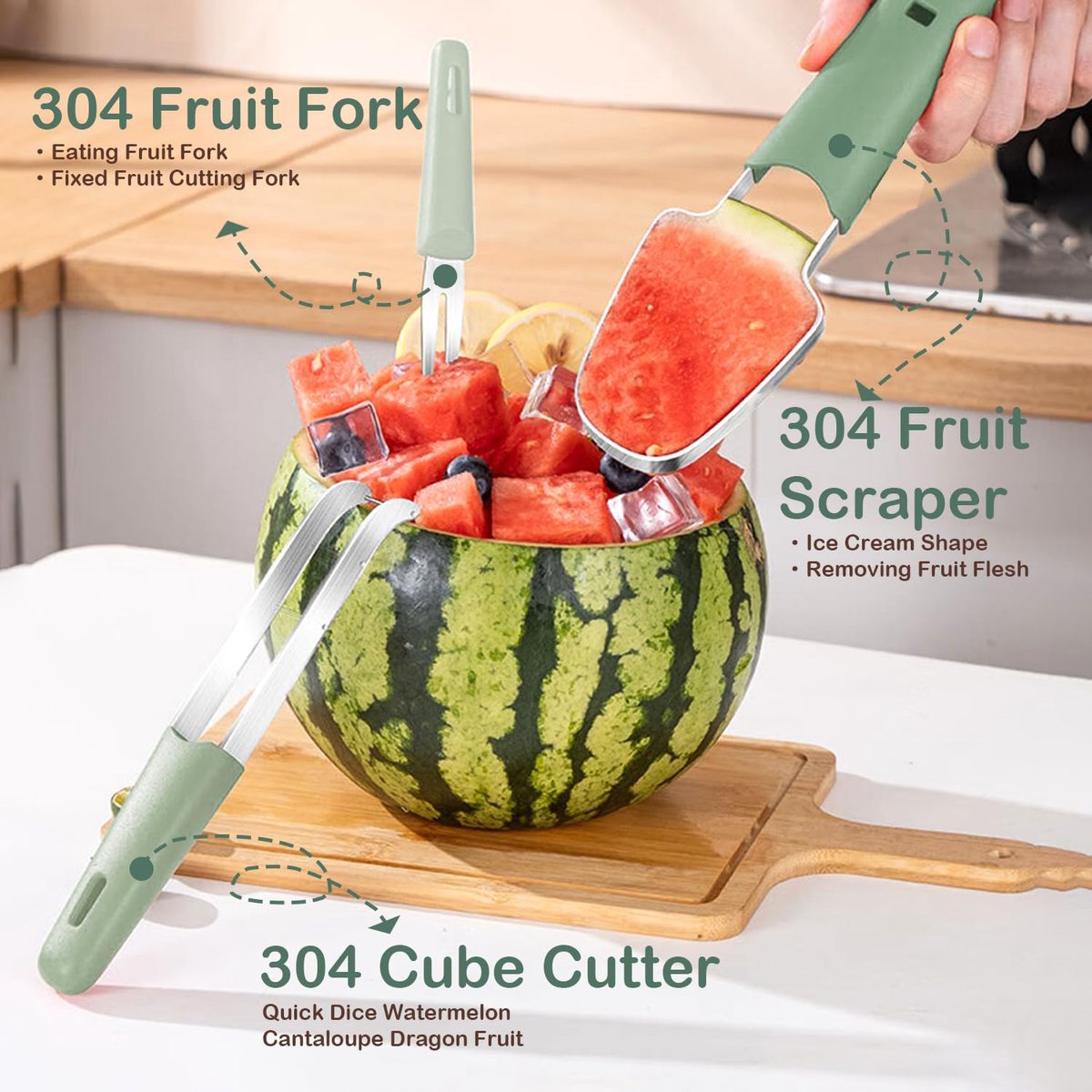 3 In 1 Melon Slicer - Fruit - Cutting - Stainless Steel - Durable - Knife - Fruit Slicer - Fruit Decoration - Small Knife - Toolsformen - Multifunctional Fruit Knife - Portable - For Watermelon / Mango / Melon