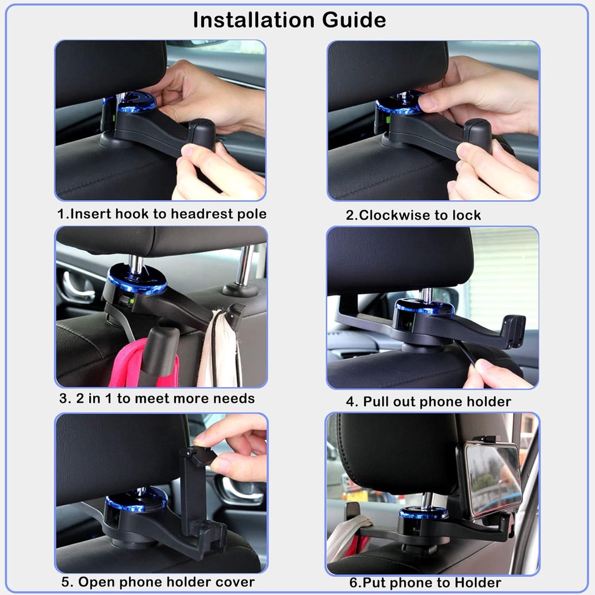 Car Seat Hooks - 2 Pieces - 2 In 1 Car Headrest Hooks - Multifunctional Car Seat Hook - 360° Rotation Front and Rear Seat Headrest Hook - Concealed Hook - Universal Car Hooks - Car Accessories - Black