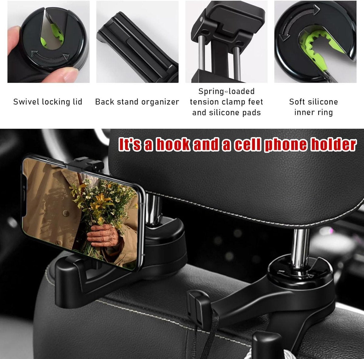 Car Seat Hooks - 2 Pieces - 2 In 1 Car Headrest Hooks - Multifunctional Car Seat Hook - 360° Rotation Front and Rear Seat Headrest Hook - Concealed Hook - Universal Car Hooks - Car Accessories - Black