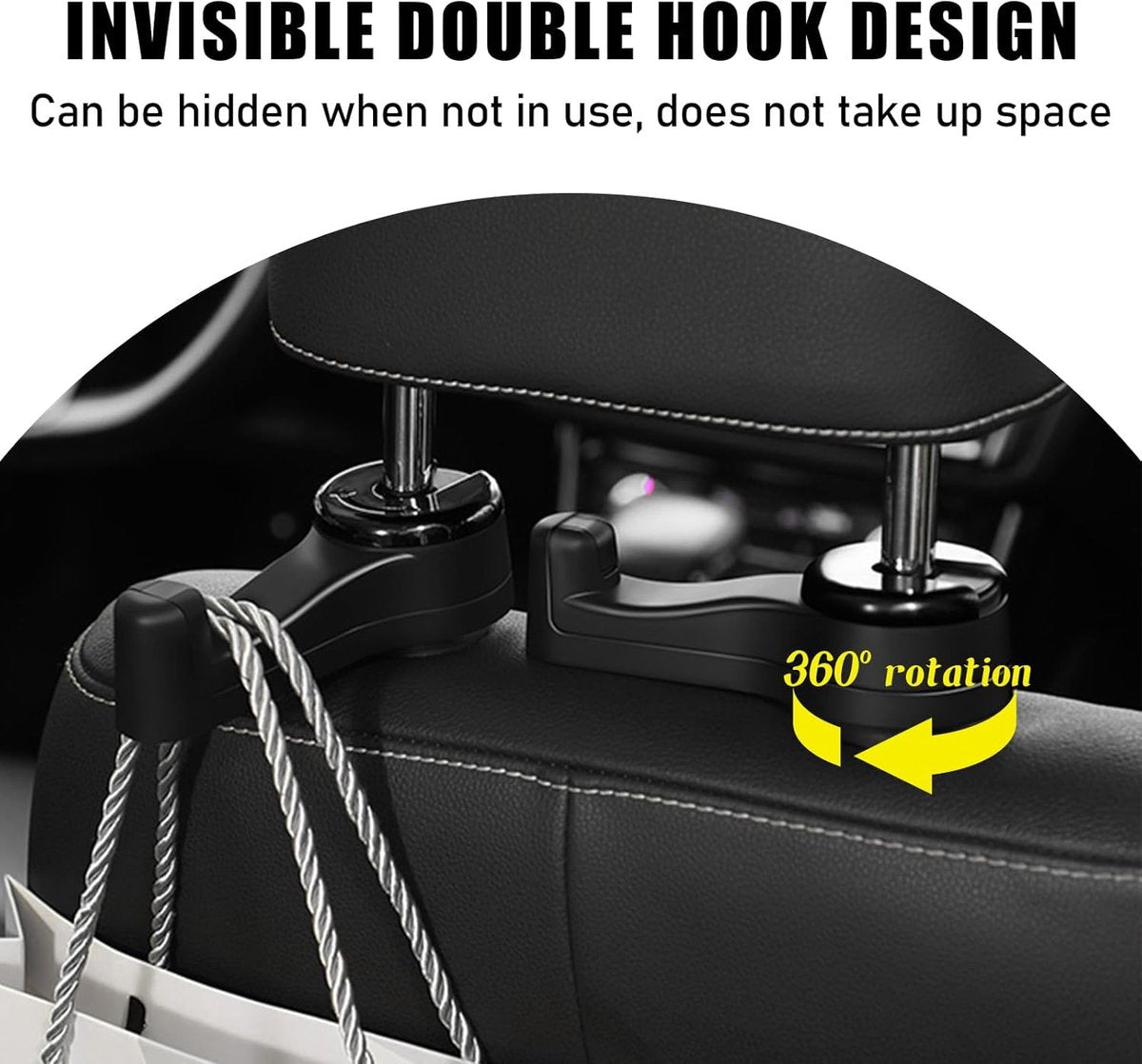 Car Seat Hooks - 2 Pieces - 2 In 1 Car Headrest Hooks - Multifunctional Car Seat Hook - 360° Rotation Front and Rear Seat Headrest Hook - Concealed Hook - Universal Car Hooks - Car Accessories - Black