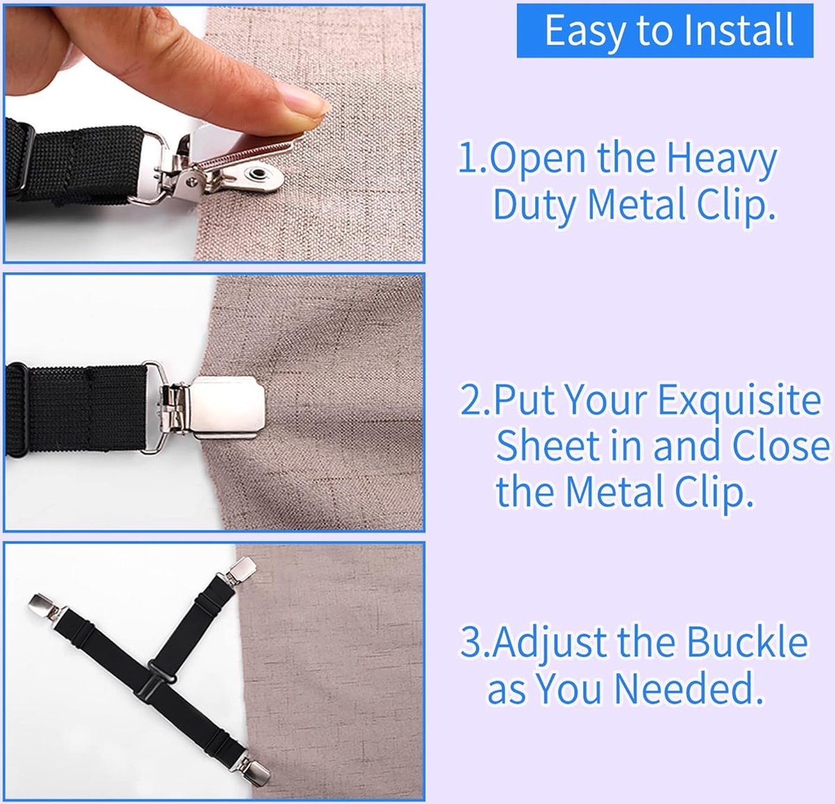 4x Sheet Tighteners - Sheet Fastening Straps - Duvet Clips - Sheet Locking Buckles - Sheet Holders - Duvet Clamps - Adjustable Sheet Tighteners - Elastic Sheet Clamps - For Sheets, Mattresses, Ironing Boards or Sofas - Sheet Tighteners With Metal Clips