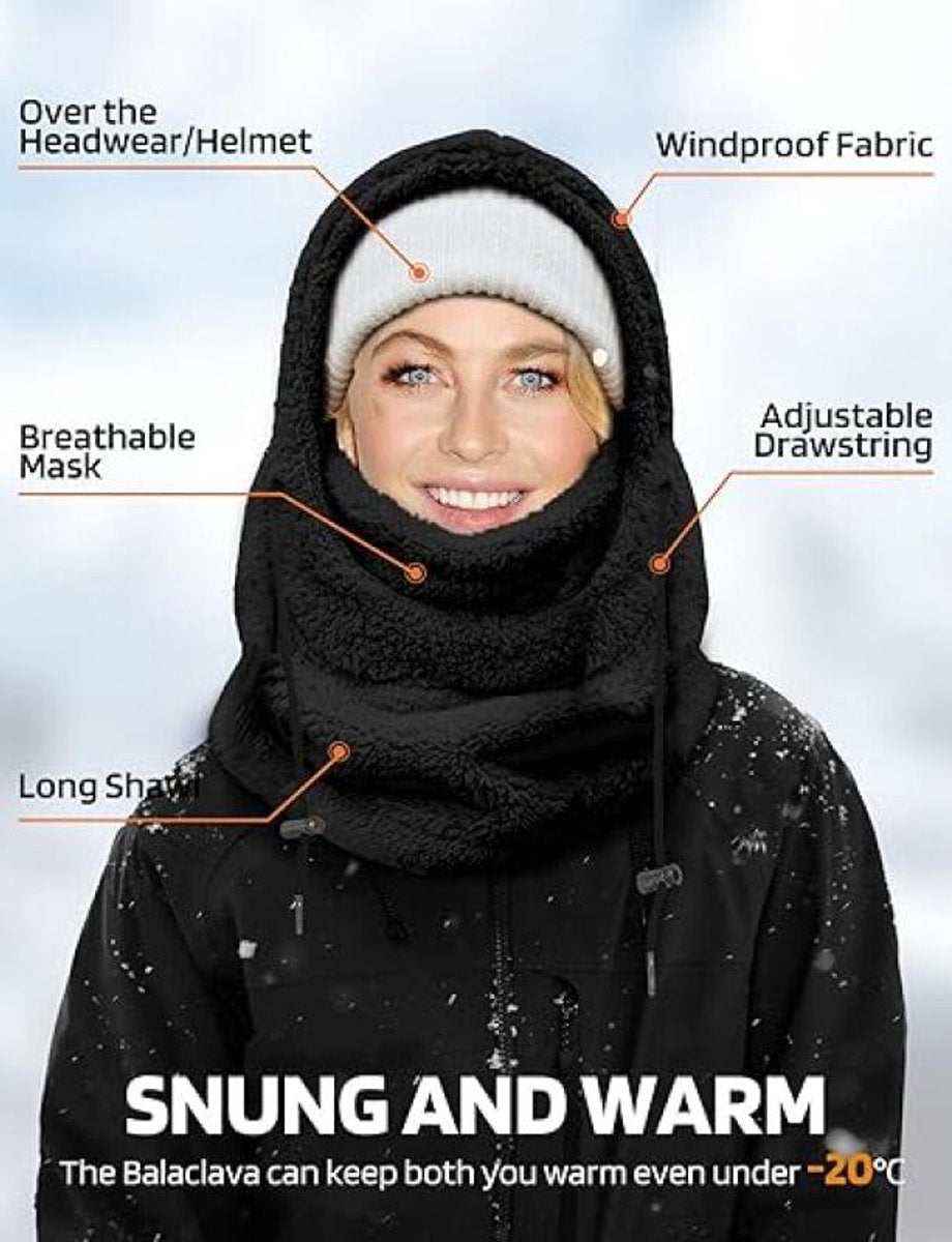 3-in-1 Women's Hat, Scarf & Face Mask - winter hooded scarf - windproof women's hat - cold protection - winter ski mask for men women - women's hat neck windproof scarf with hood cold weather warm face covering - Balaclava - Black