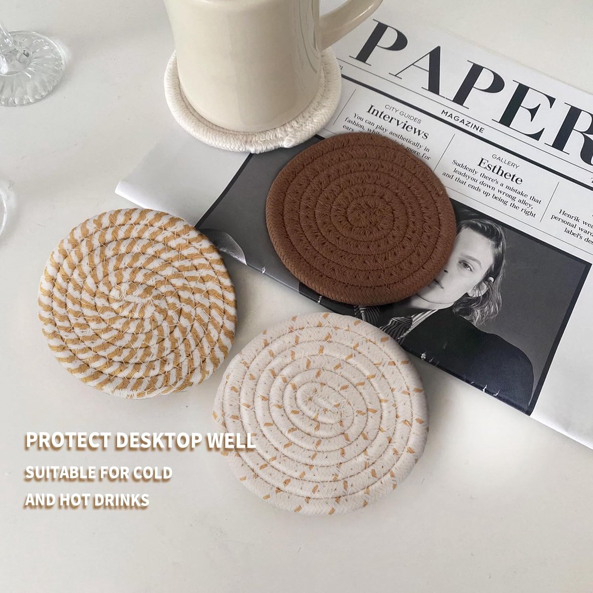 Set of 8 Round Coasters with Stand - Coaster Set - Thermal Insulation - Non-Slip Braided Cotton Coasters for Glasses - Coaster Set - Coasters with Holder - For Drinks, Bar, Cups, Table Coasters - D11 cm - Yellow