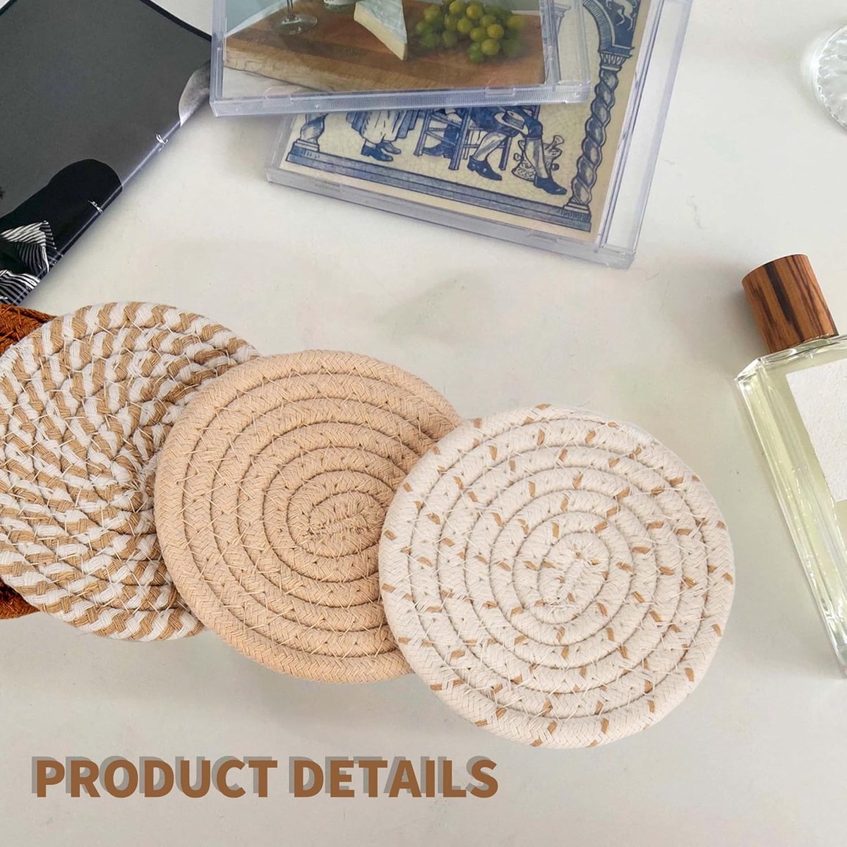 Set of 8 Round Coasters with Stand - Coaster Set - Thermal Insulation - Non-Slip Braided Cotton Coasters for Glasses - Coaster Set - Coasters with Holder - For Drinks, Bar, Cups, Table Coasters - D11 cm - Yellow