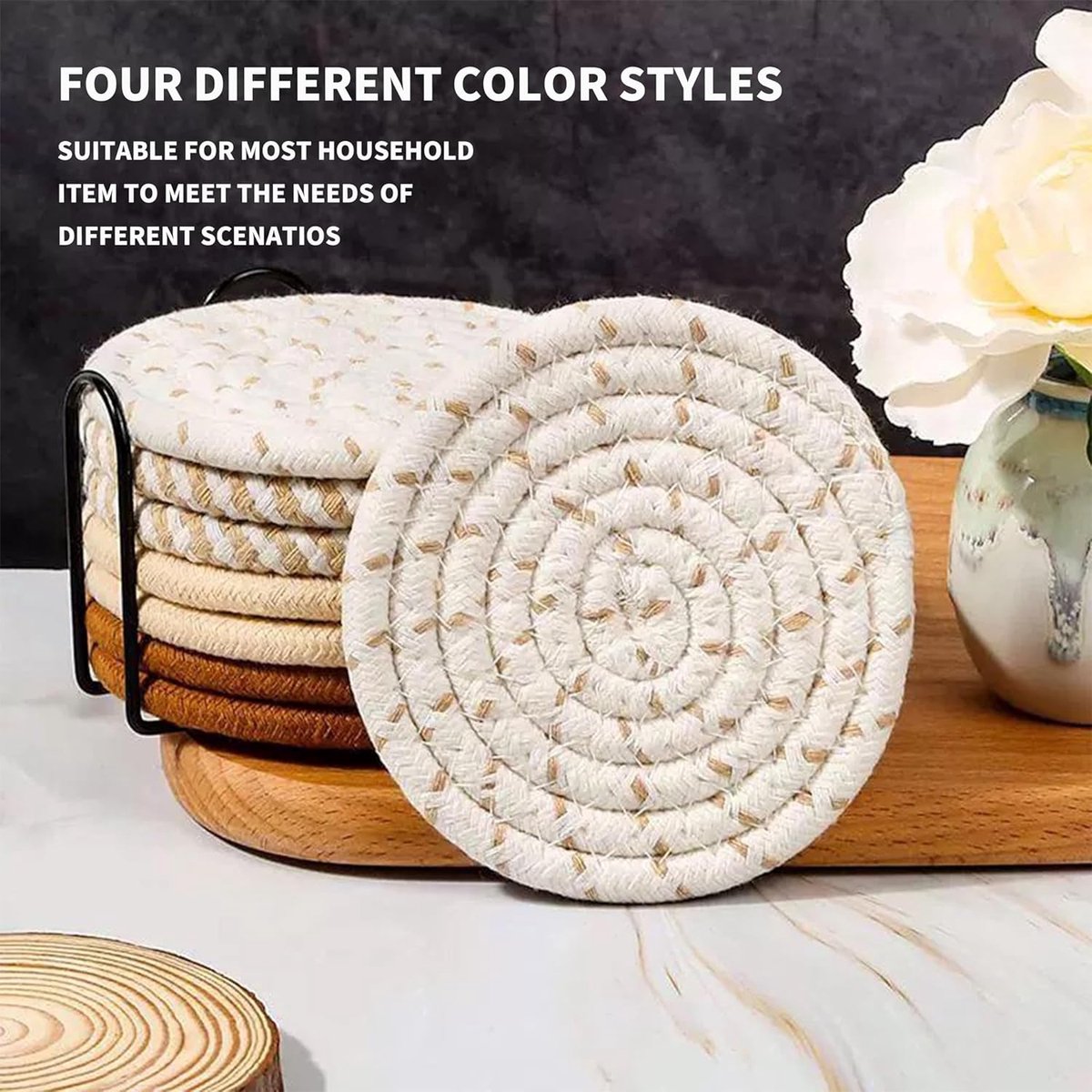 Set of 8 Round Coasters with Stand - Coaster Set - Thermal Insulation - Non-Slip Braided Cotton Coasters for Glasses - Coaster Set - Coasters with Holder - For Drinks, Bar, Cups, Table Coasters - D11 cm - Yellow