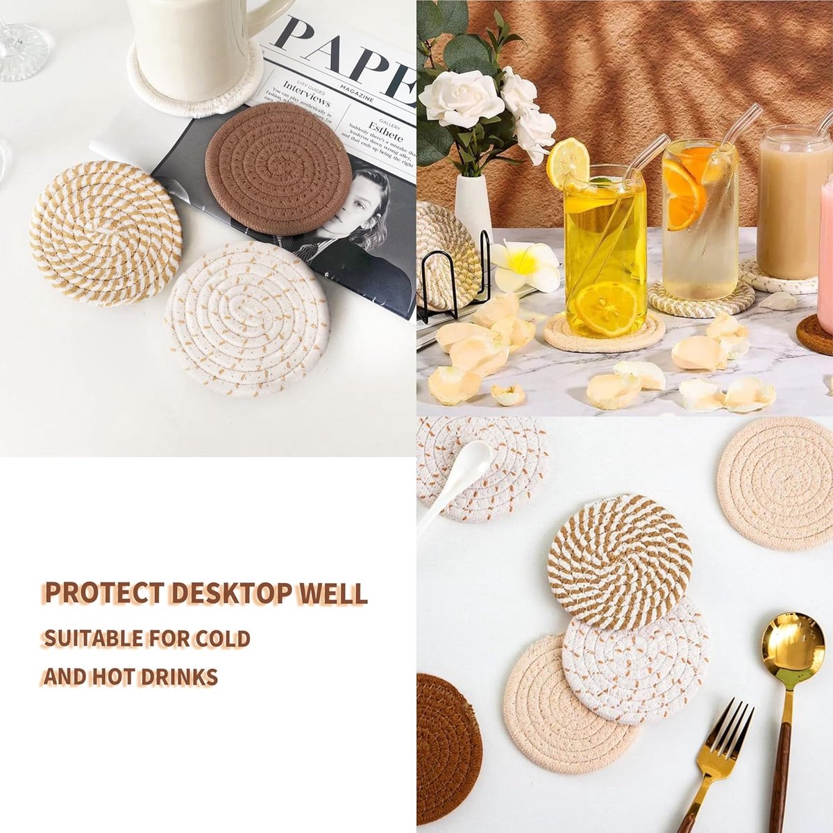 Set of 8 Round Coasters with Stand - Coaster Set - Thermal Insulation - Non-Slip Braided Cotton Coasters for Glasses - Coaster Set - Coasters with Holder - For Drinks, Bar, Cups, Table Coasters - D11 cm - Yellow