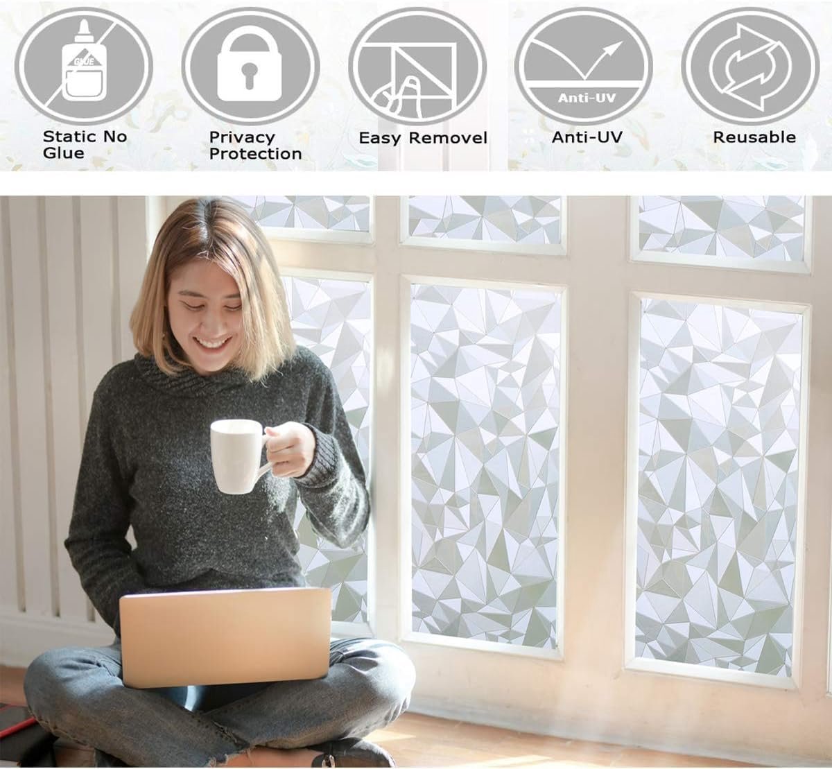 Window Film - Self-Adhesive Window Film - Window Privacy Film - Frosted Glass - Privacy Film - Sun Protection & Insulating - Privacy - Glue-free adhesive film for windows and bathroom - 45 x 200 cm