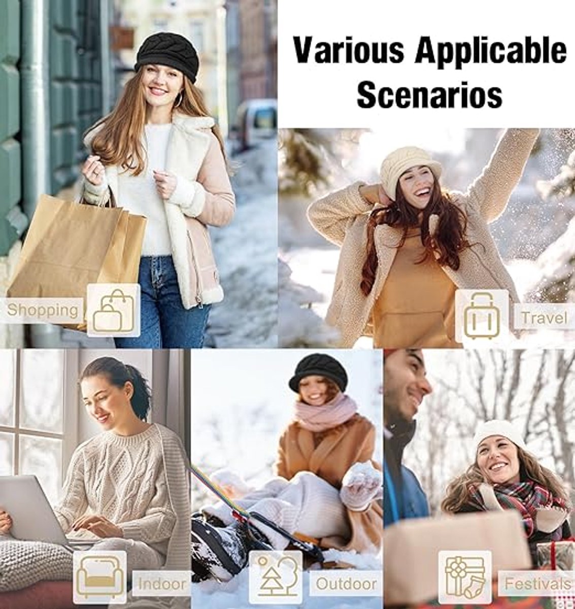 Ladies' Hat - Beanie Hat - Beret - Ladies' Beret - 2 Pieces - Knitted hat for ladies - Warm Winter Beret - Winter Hat - Warm Hats - Winter Hat with Brim - Winter - Fashion - Black/Beige