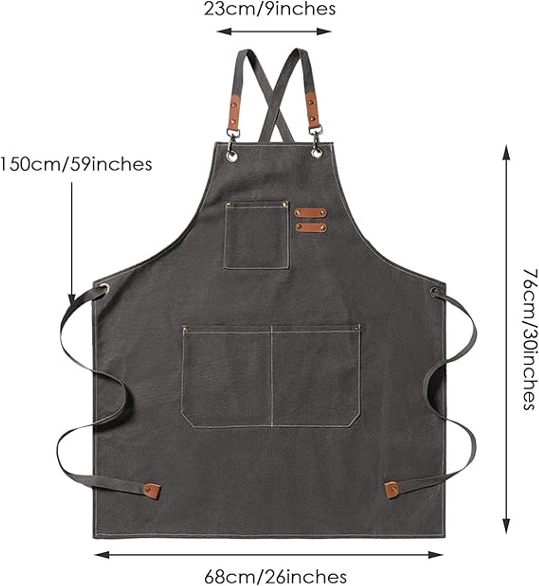 Men's Canvas Apron - Canvas Apron - 3 Pockets - Waterproof - Adjustable - Kitchen Apron for Men and Women - Apron for Barbecue, Restaurant, Garden, Carpenter - Easily Adjustable - Grey - 76 x 68 cm