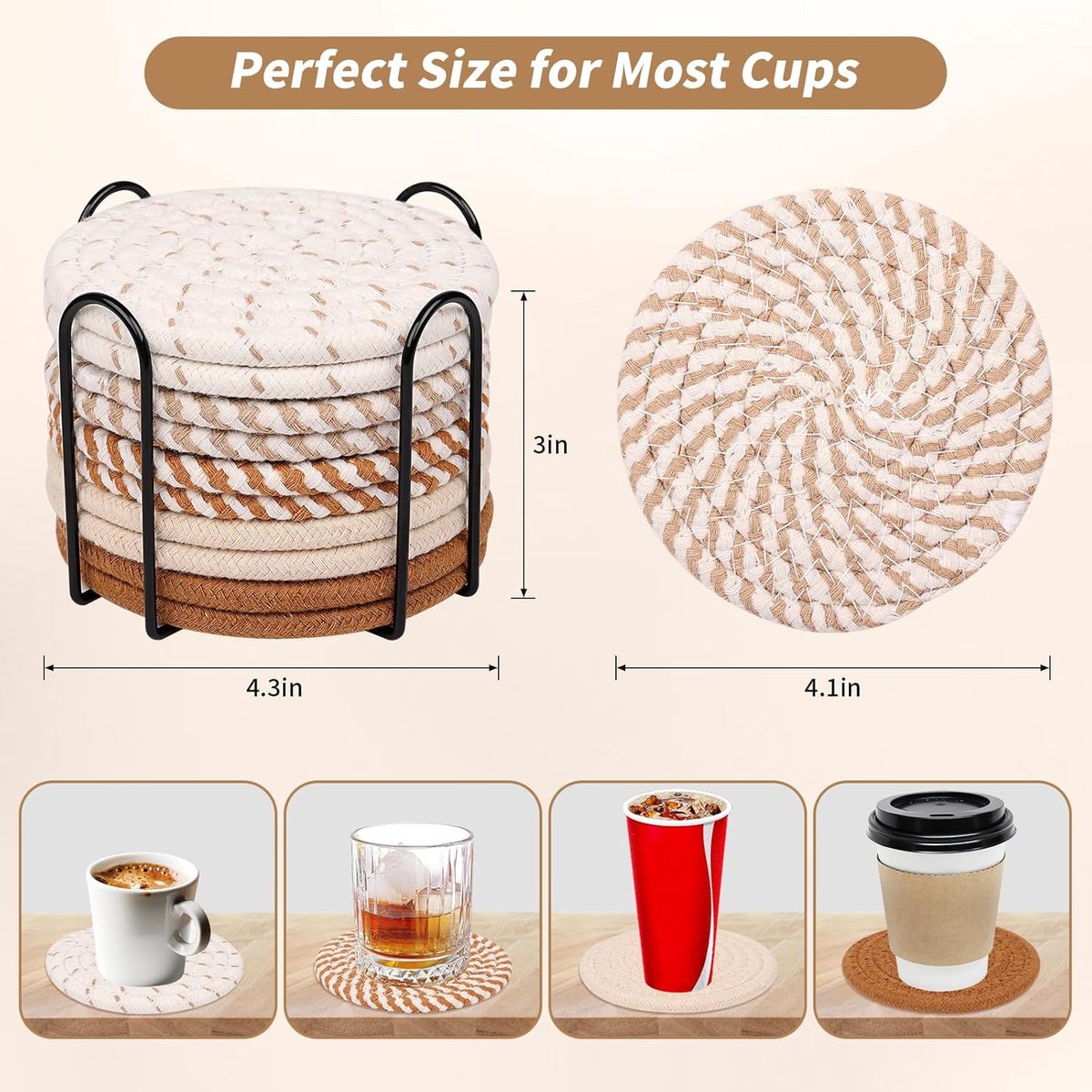 Set of 10 Round Coasters with Stand - Coaster Set - Thermal Insulation - Non-Slip Braided Cotton Coasters - Coasters for Glasses - for Glasses - For Drinks, Bar, Cups, Table Coasters - Khaki/White