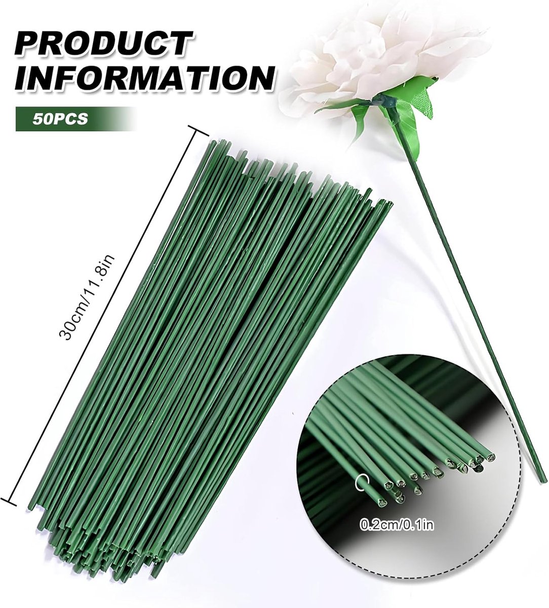 50 pieces - Floral wire - 30 cm * 2 mm - Flower stem - Flower arranging tools - Flexible floral wire stems - Plant accessories - DIY crafts - for bouquets, flower arrangements and dried flowers - greenery
