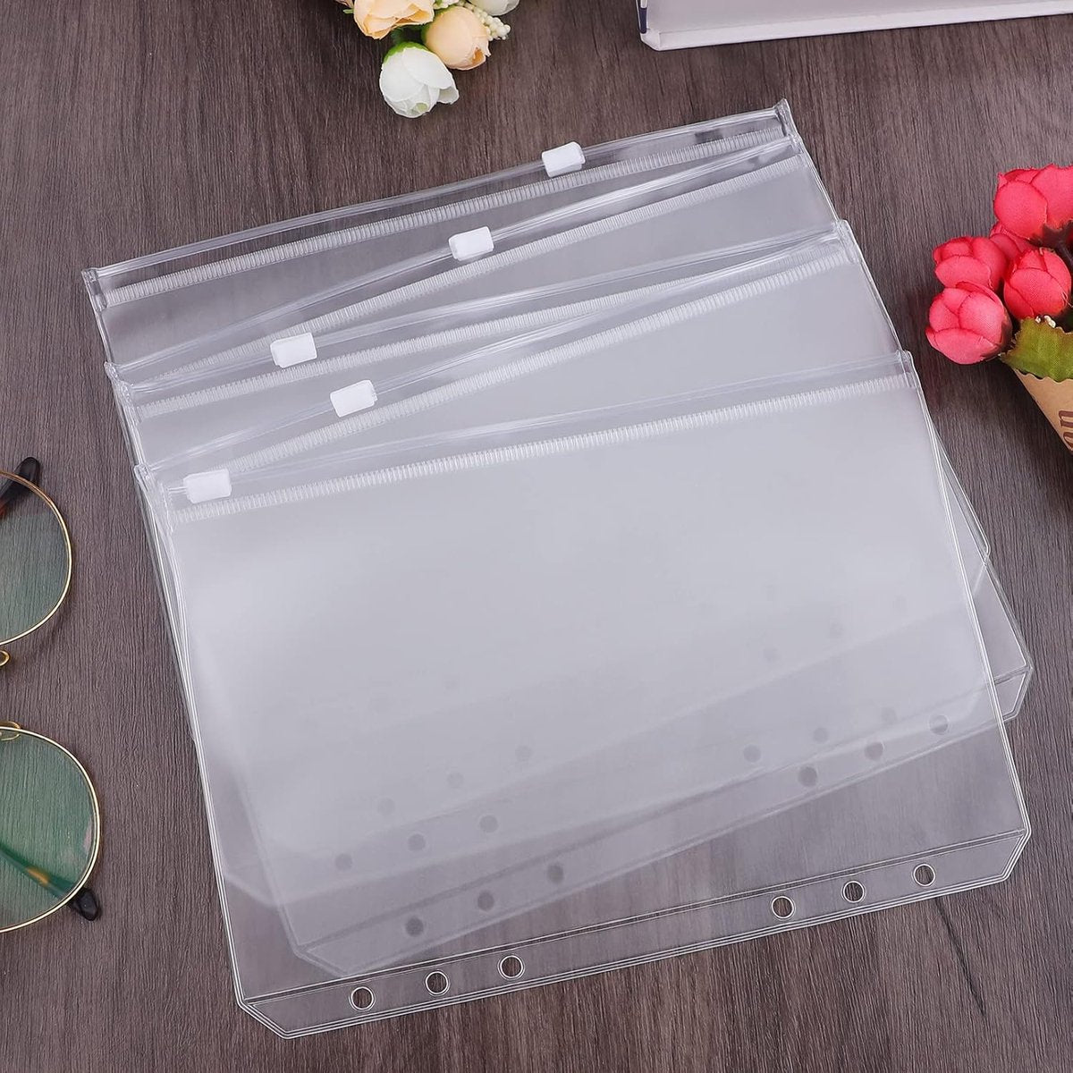 A5 (21x14.9cm) Binder Bags - 12 Pieces - Money Folders with Closure - 6 Holes Budget Cash Envelopes for Budgeting - Transparent Zipper Folder - Waterproof PVC Document Pouch Archiving - Transparent