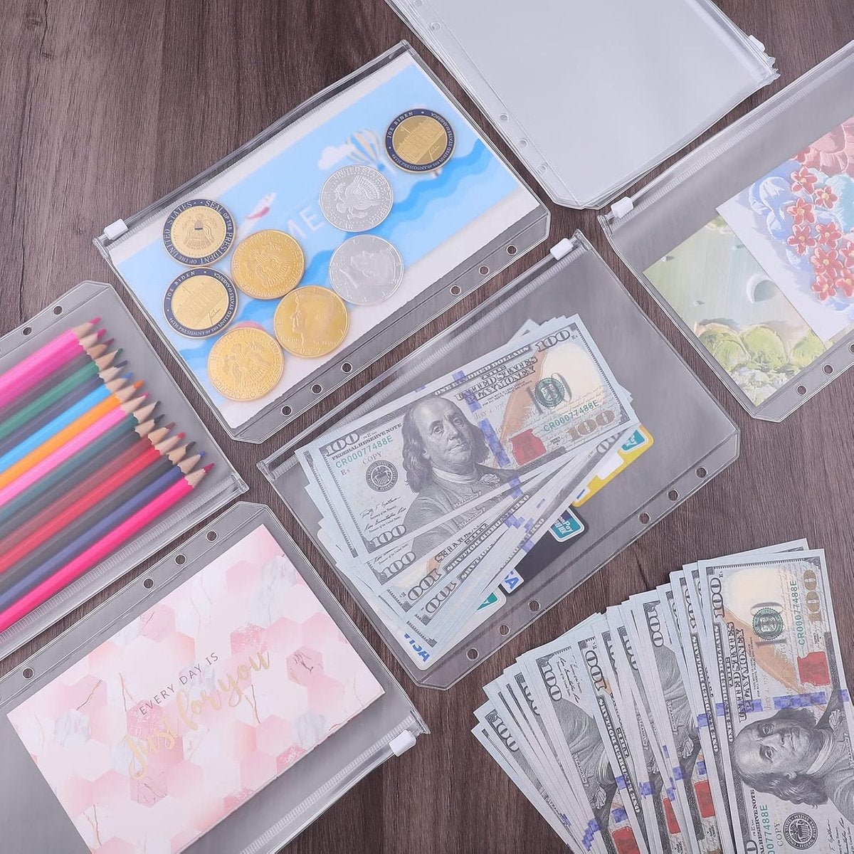 A5 (21x14.9cm) Binder Bags - 12 Pieces - Money Folders with Closure - 6 Holes Budget Cash Envelopes for Budgeting - Transparent Zipper Folder - Waterproof PVC Document Pouch Archiving - Transparent