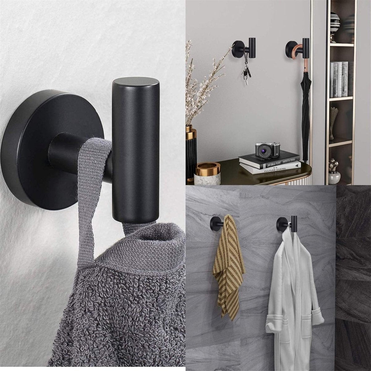 2 pieces - Towel hook - Hanging hooks - Hanging hooks - Bathroom towel hooks - Key hook - Clothes hook - Hat hook - Wall hooks - stainless steel hook - with screws - for bathroom, kitchen, garage, home, hotel, office - 5.5*6 cm - black