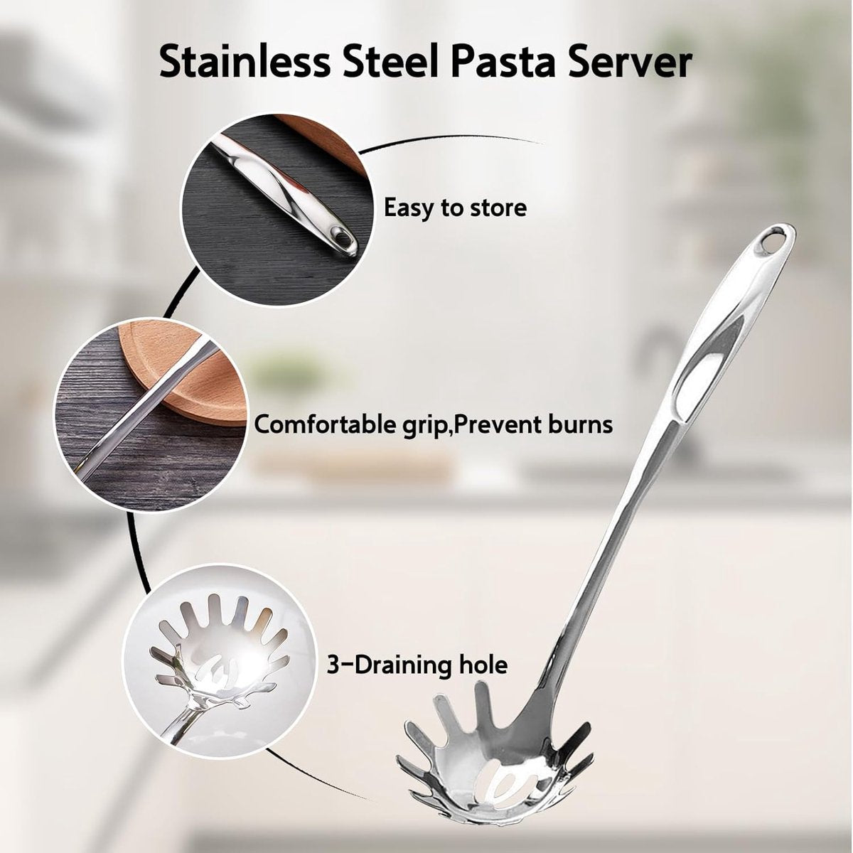 Spaghetti Spoon - Stainless Steel Pasta Spoon - Spaghetti Spoon - Pasta Spoon - User-friendly - Lightweight - Kitchen Utensil - Stainless Steel - Non-stick - Silver
