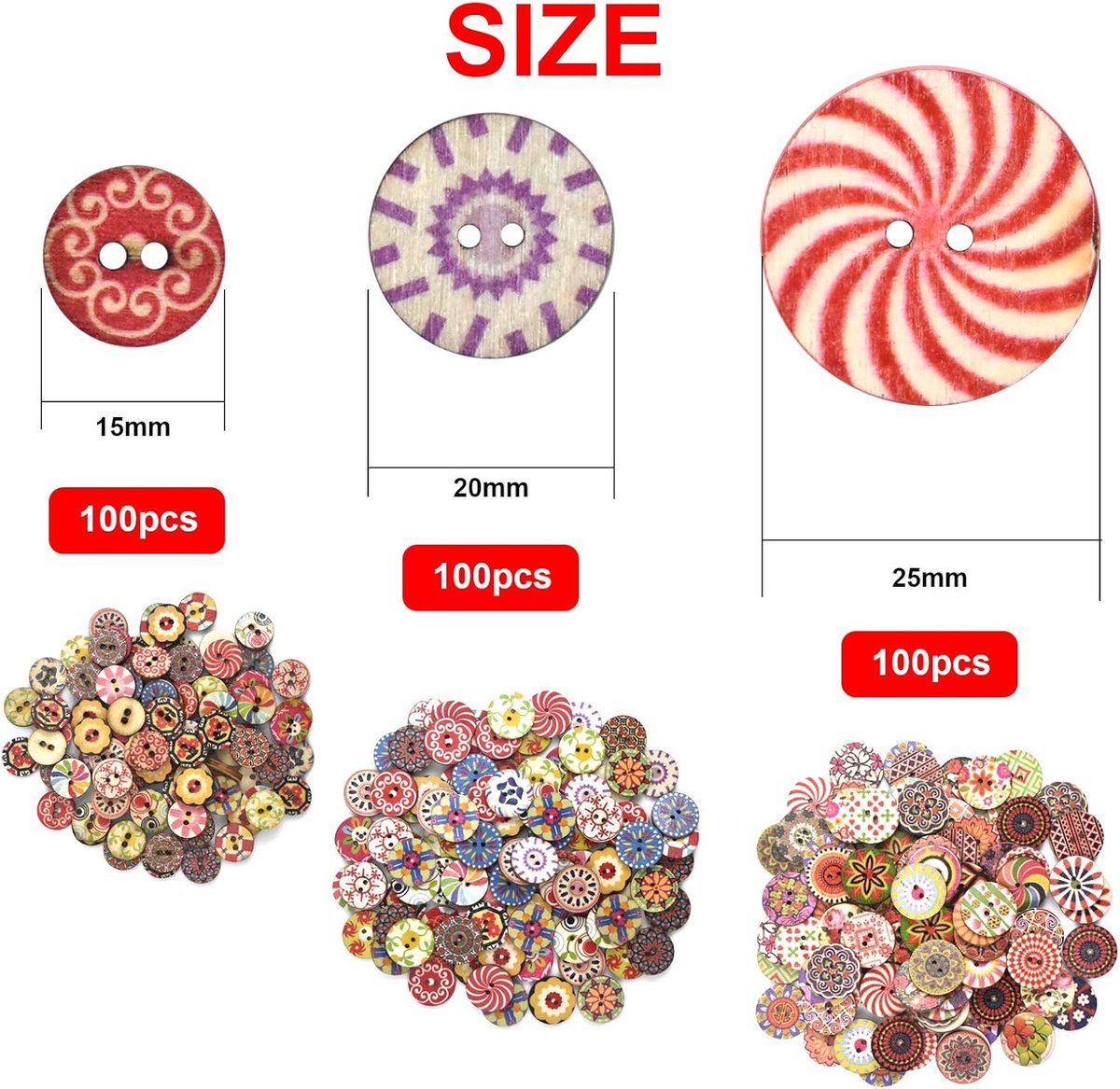 300 pieces - buttons - Clothing Buttons - Sewing Buttons - round children's buttons - 2 holes - wooden sew-on buttons - for sewing, crafting, DIY handmade ornaments - 15 mm, 20 mm and 25 mm, 100 pieces each
