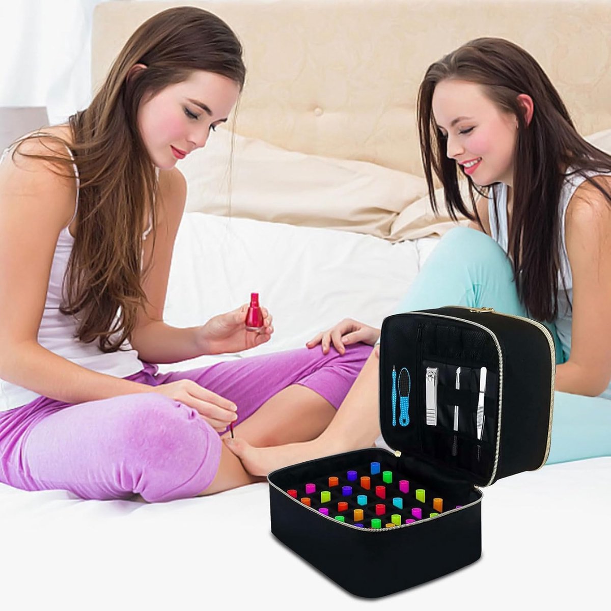 Nail polish storage - Nail polish case - Beauty case - Nail case bag - Nail stylist bag - Nail polish carrying case - double-layer makeup bag - nail accessories - nail organizer - storage box - for 30 bottles and nail lamp - 25*20*21 cm - black