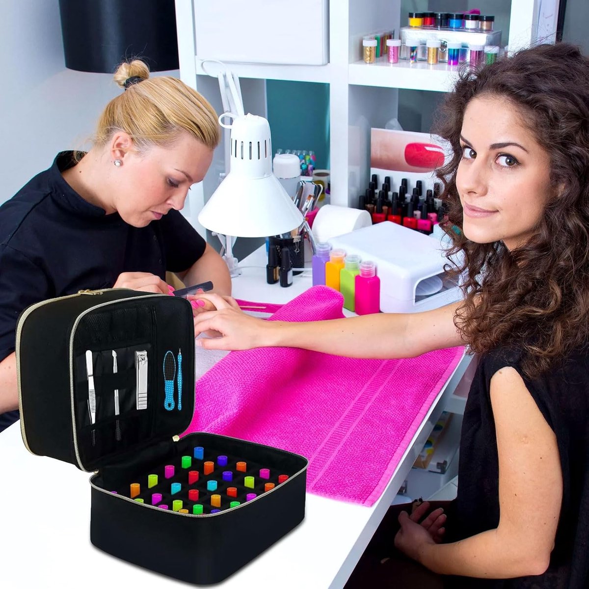 Nail polish storage - Nail polish case - Beauty case - Nail case bag - Nail stylist bag - Nail polish carrying case - double-layer makeup bag - nail accessories - nail organizer - storage box - for 30 bottles and nail lamp - 25*20*21 cm - black