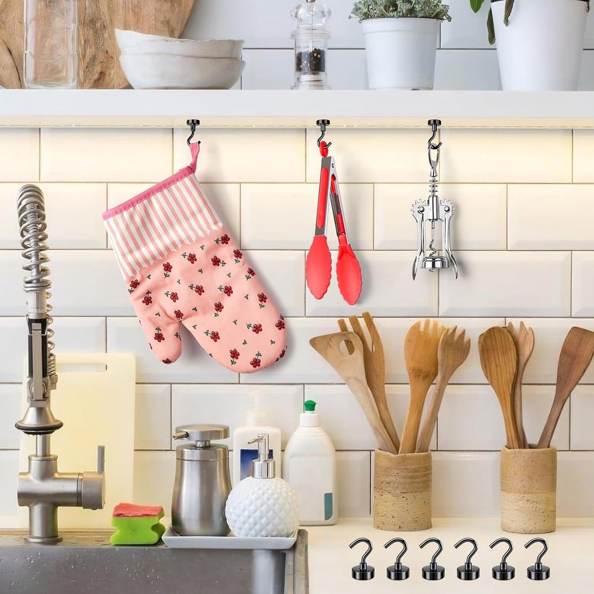 magnetic hook - 6 pieces for more than 5 kg - super strong pulling force - magnet with hook - heavy-duty magnetic hook for hanging, kitchen - black