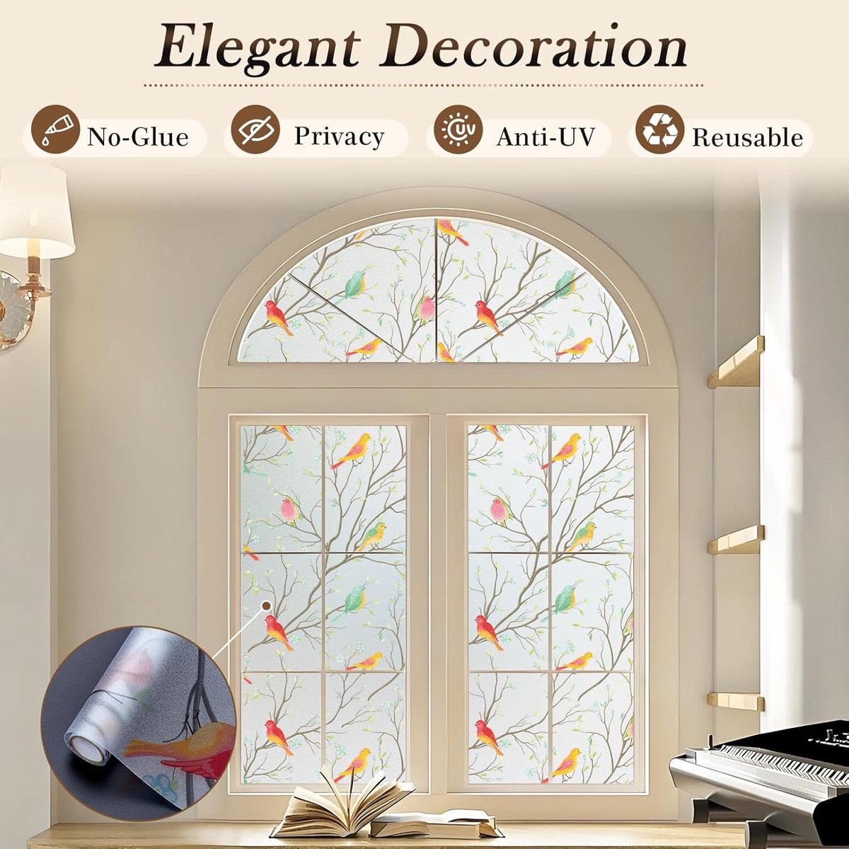 Window film - 45x200cm - privacy window film - stained glass window film - Privacy - Decorative film - static window film - Self-adhesive - Stained Glass - window film - for front door, bathroom, heat control, anti-UV